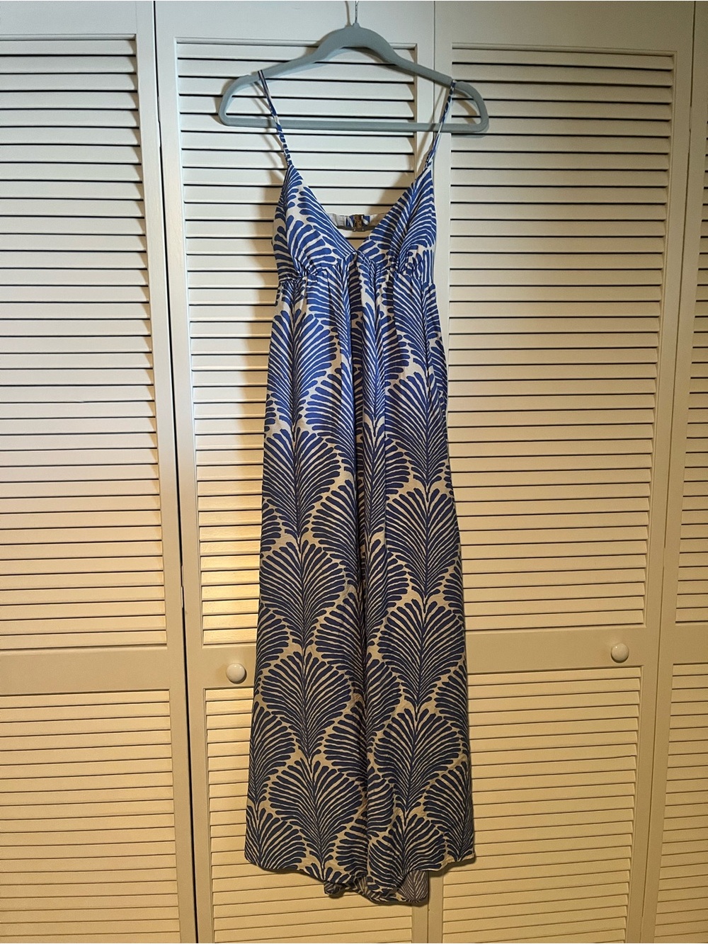 Abercrombie & Fitch Palm Leaf Backless Cami Maxi Dress (Size S, Blue/Cream)